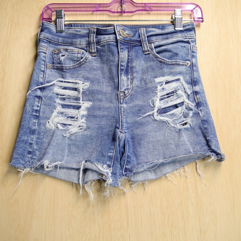 American Eagle Hi-Rise Shortie Distressed Denim Shorts Medium Wash Blue Womens 0